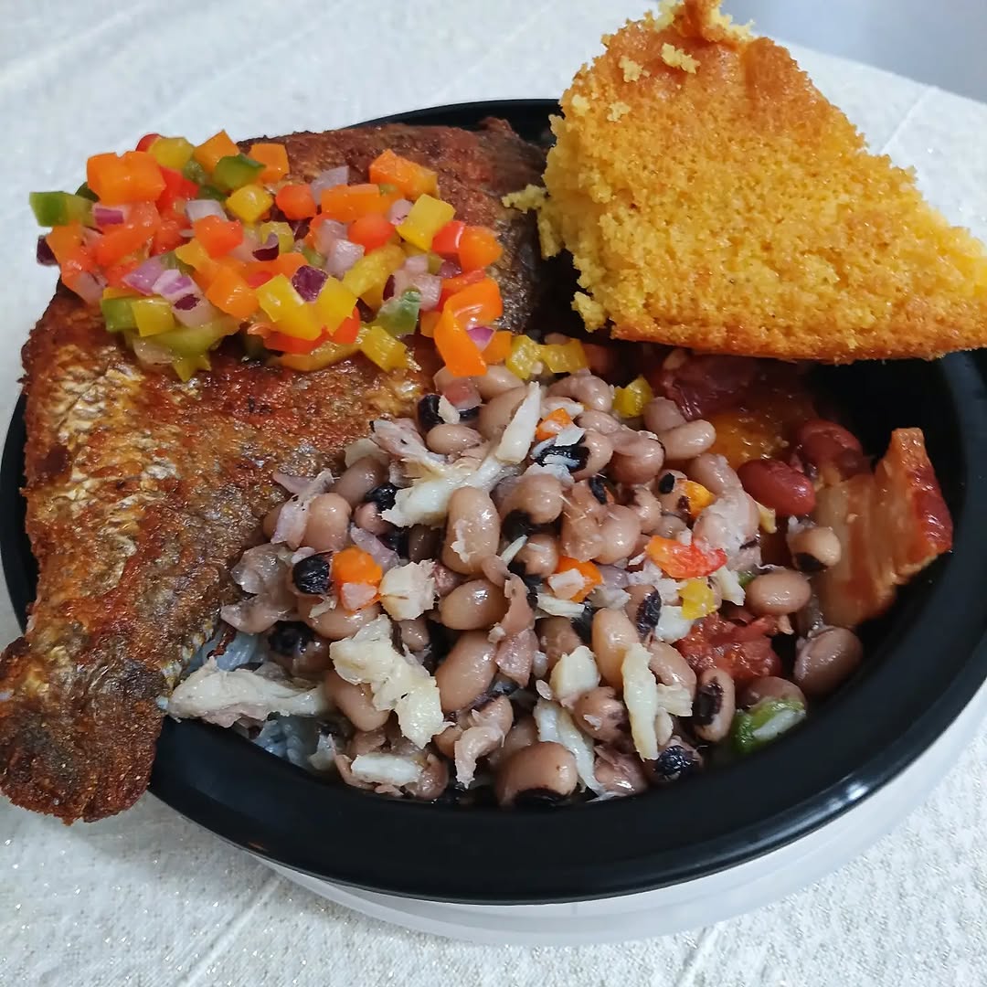 Porgie Rice Bowl with black eye pea salad and pico de gallo
